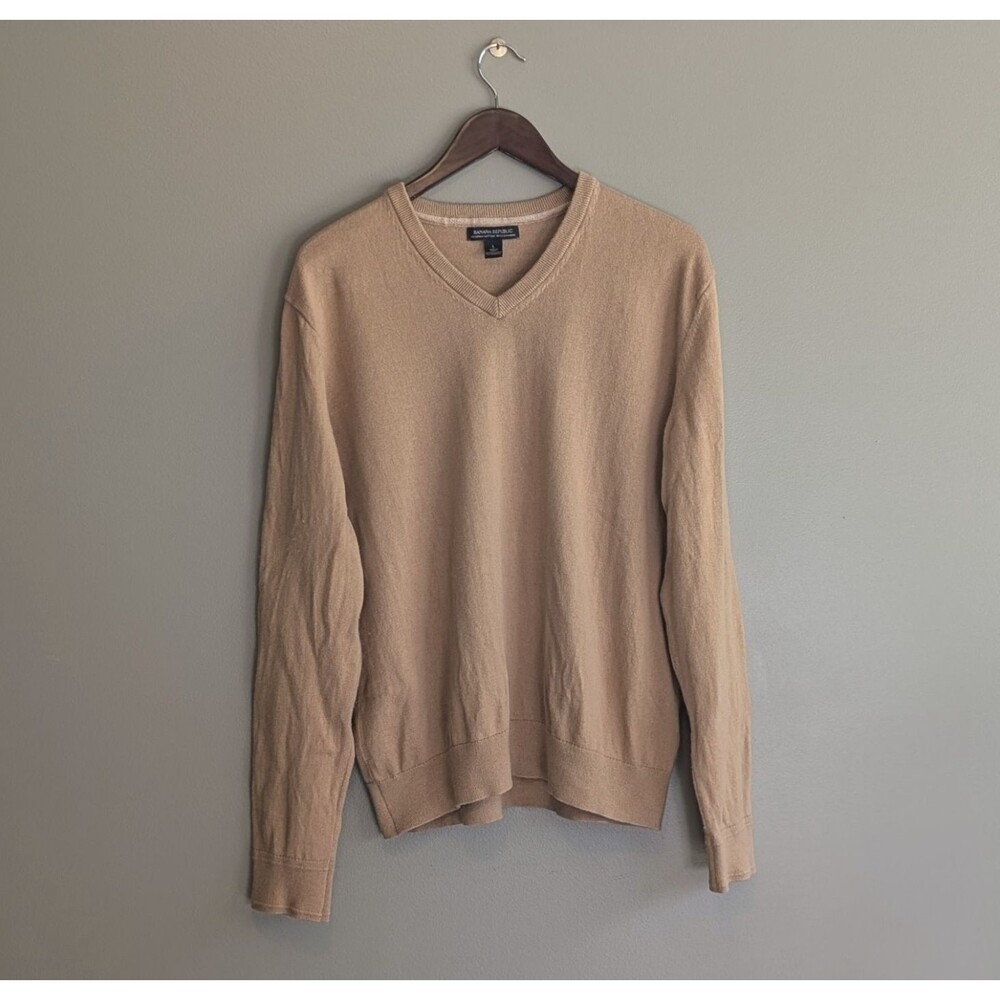 Banana Republic Mens Large Silk Cotton Cashmere V-Neck Sweater Tan Camel Brown L